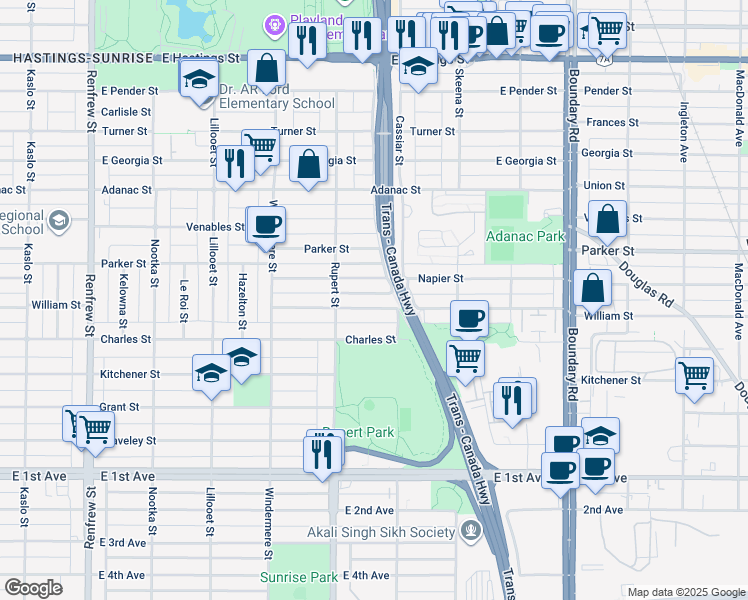 map of restaurants, bars, coffee shops, grocery stores, and more near 3361 William Street in Vancouver