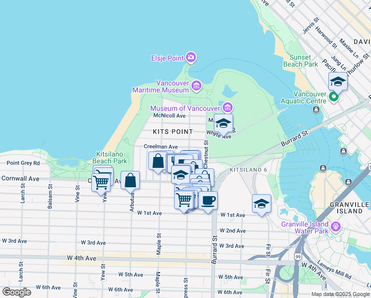 map of restaurants, bars, coffee shops, grocery stores, and more near 1305 Cypress Street in Vancouver