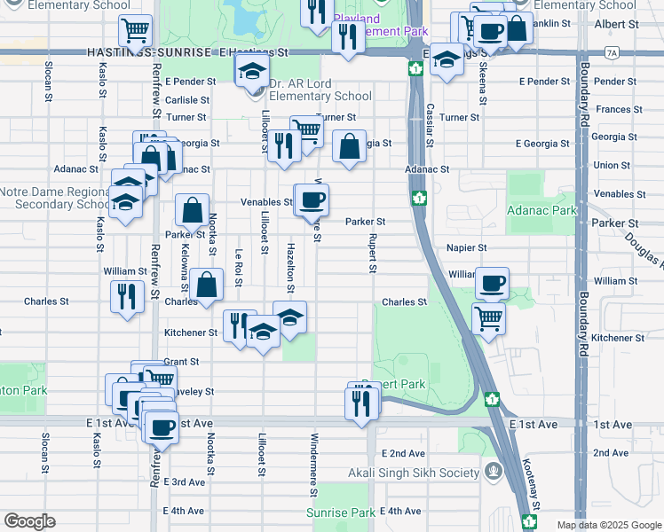map of restaurants, bars, coffee shops, grocery stores, and more near 3221 William Street in Vancouver