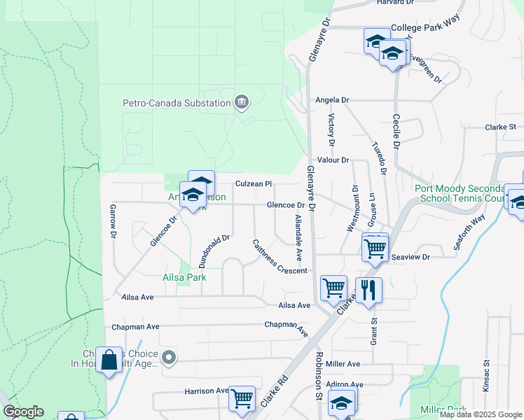map of restaurants, bars, coffee shops, grocery stores, and more near 443 Glencoe Drive in Port Moody