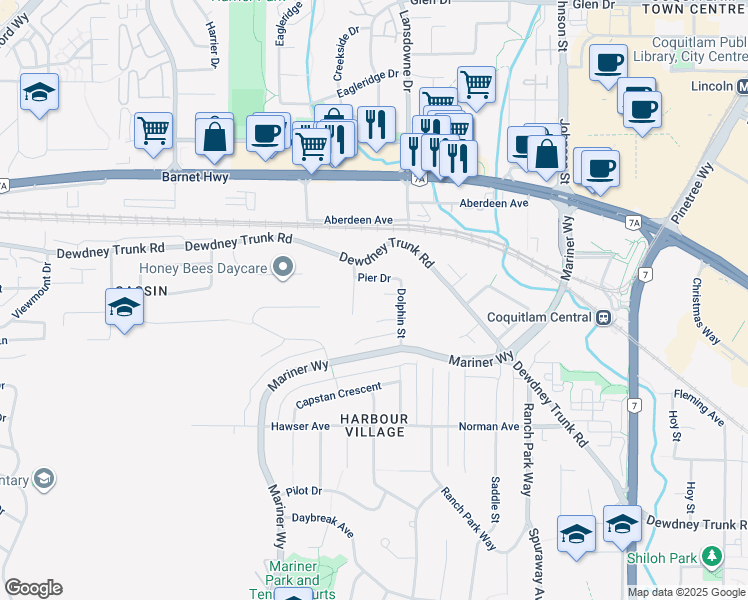 map of restaurants, bars, coffee shops, grocery stores, and more near 3212 Sail Place in Coquitlam