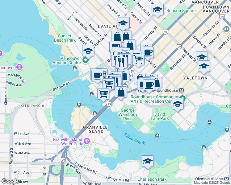 map of restaurants, bars, coffee shops, grocery stores, and more near 990 Beach Avenue in Vancouver