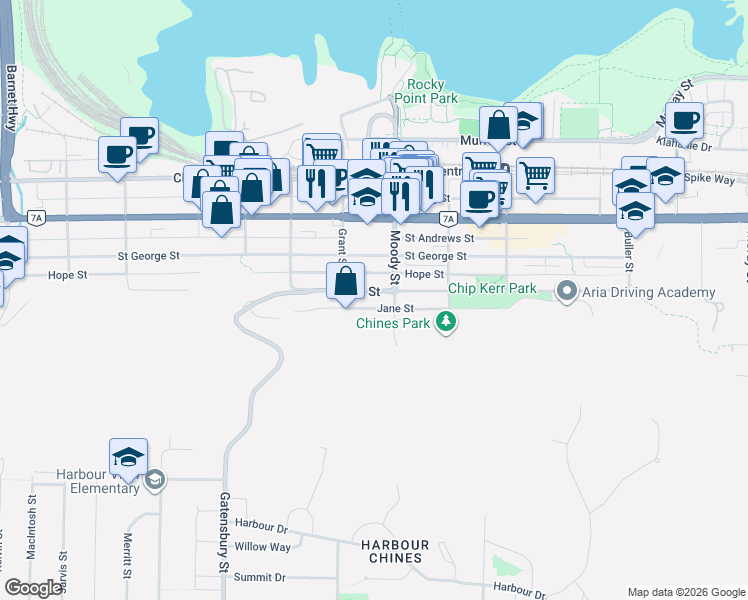 map of restaurants, bars, coffee shops, grocery stores, and more near 2717 Henry Street in Port Moody