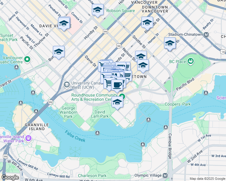map of restaurants, bars, coffee shops, grocery stores, and more near 1226 Homer Street in Vancouver
