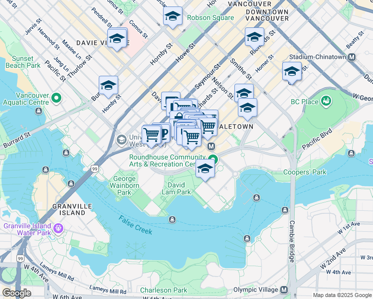 map of restaurants, bars, coffee shops, grocery stores, and more near in Vancouver