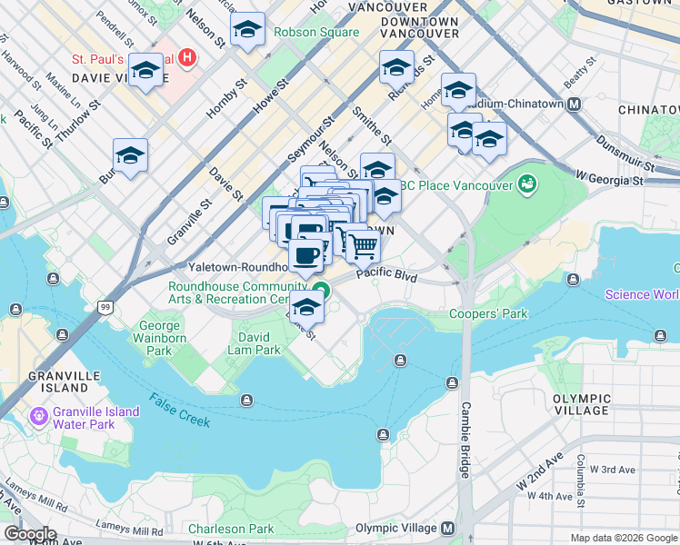 map of restaurants, bars, coffee shops, grocery stores, and more near 1179 Pacific Boulevard in Vancouver