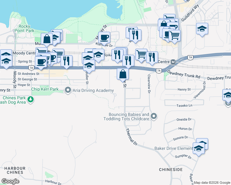 map of restaurants, bars, coffee shops, grocery stores, and more near 170 James Road in Port Moody