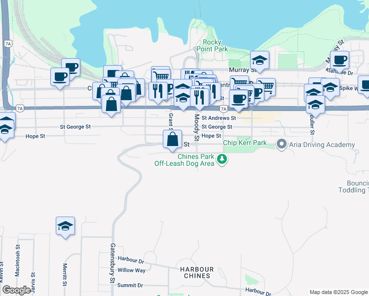 map of restaurants, bars, coffee shops, grocery stores, and more near 2715 Henry Street in Port Moody