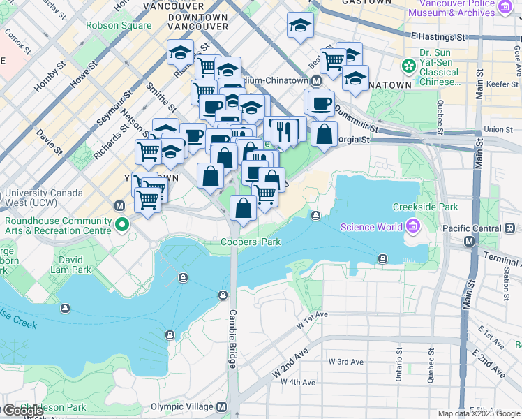 map of restaurants, bars, coffee shops, grocery stores, and more near 901 Cooperage Way in Vancouver