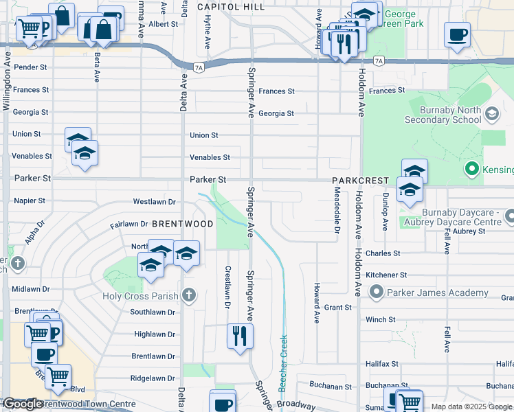 map of restaurants, bars, coffee shops, grocery stores, and more near 5302 Springdale Court in Burnaby