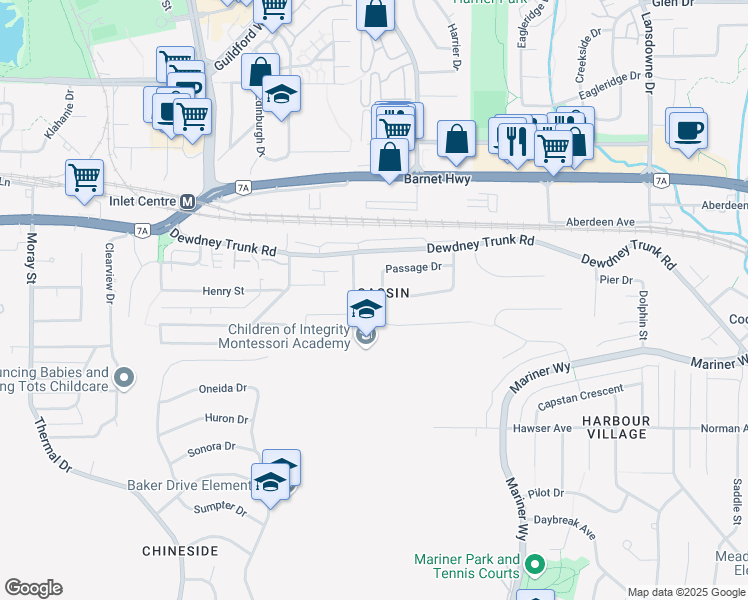 map of restaurants, bars, coffee shops, grocery stores, and more near 2558 Passage Drive in Coquitlam