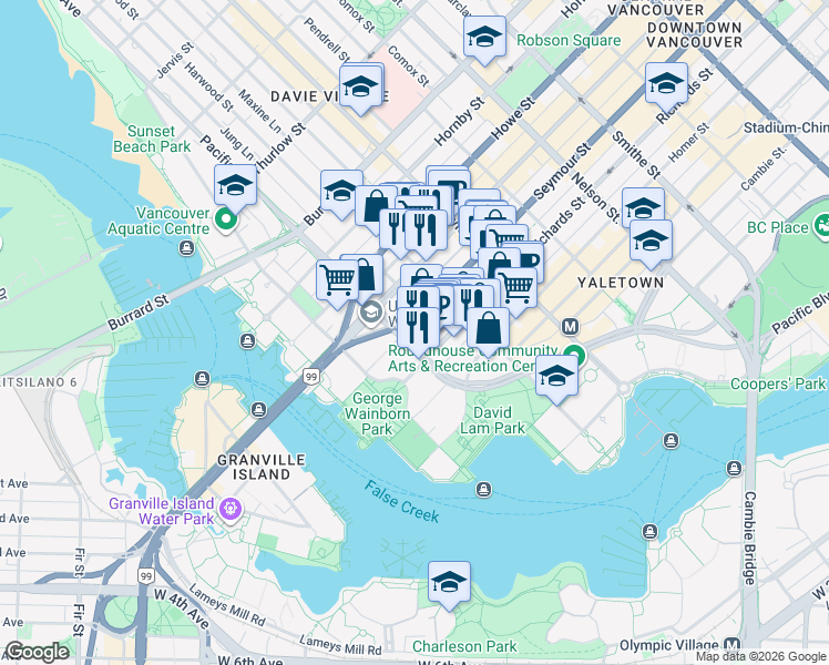 map of restaurants, bars, coffee shops, grocery stores, and more near 1372 Seymour Street in Vancouver