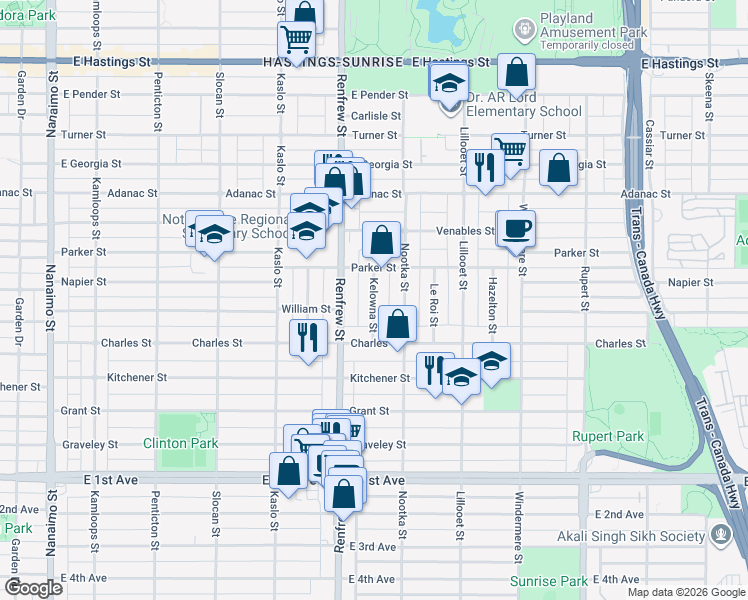 map of restaurants, bars, coffee shops, grocery stores, and more near Kelowna Street in Vancouver