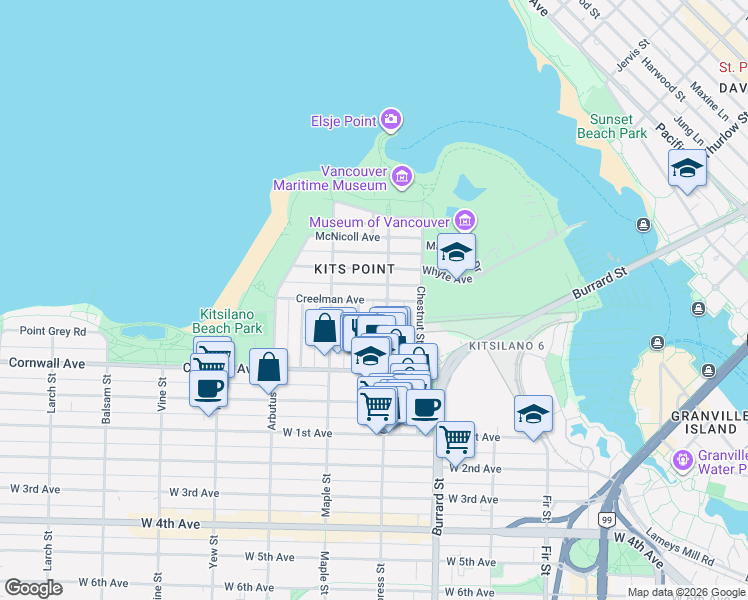 map of restaurants, bars, coffee shops, grocery stores, and more near 1921 Creelman Avenue in Vancouver
