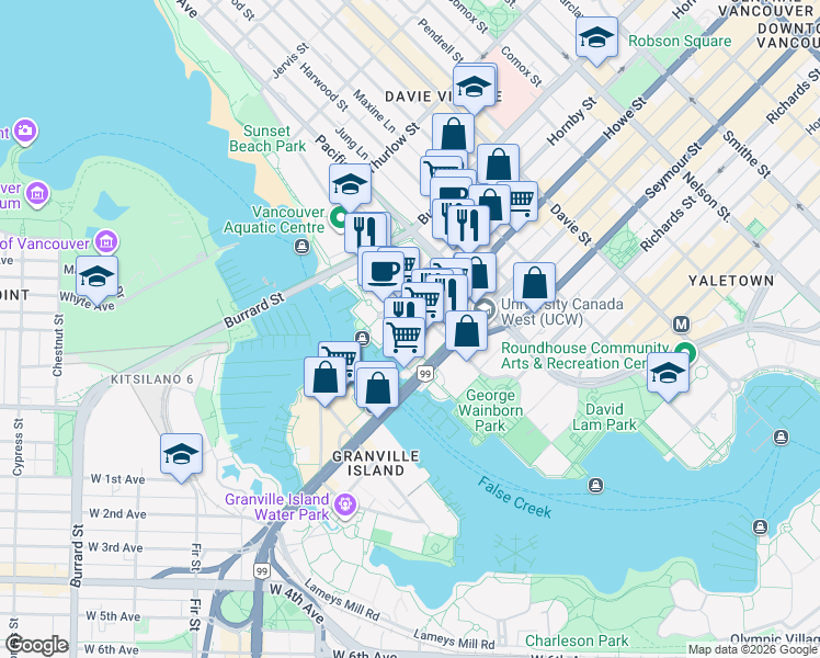 map of restaurants, bars, coffee shops, grocery stores, and more near 1501 Howe Street in Vancouver