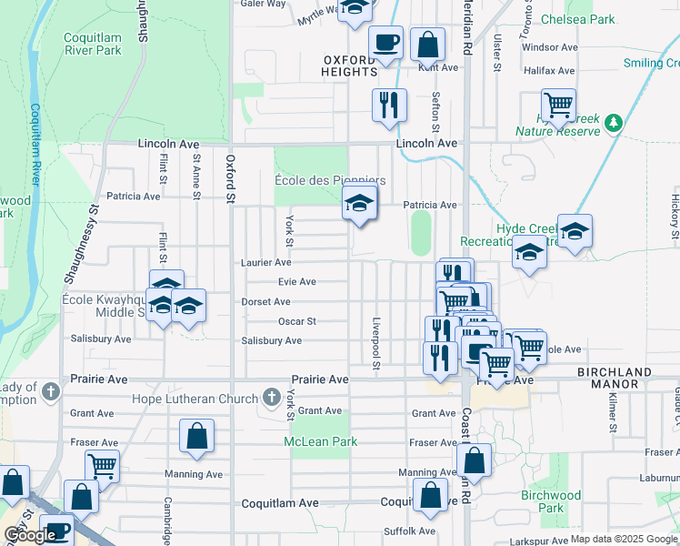 map of restaurants, bars, coffee shops, grocery stores, and more near 3471 Wellington Street in Port Coquitlam