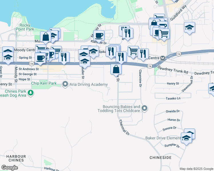map of restaurants, bars, coffee shops, grocery stores, and more near 162 James Road in Port Moody
