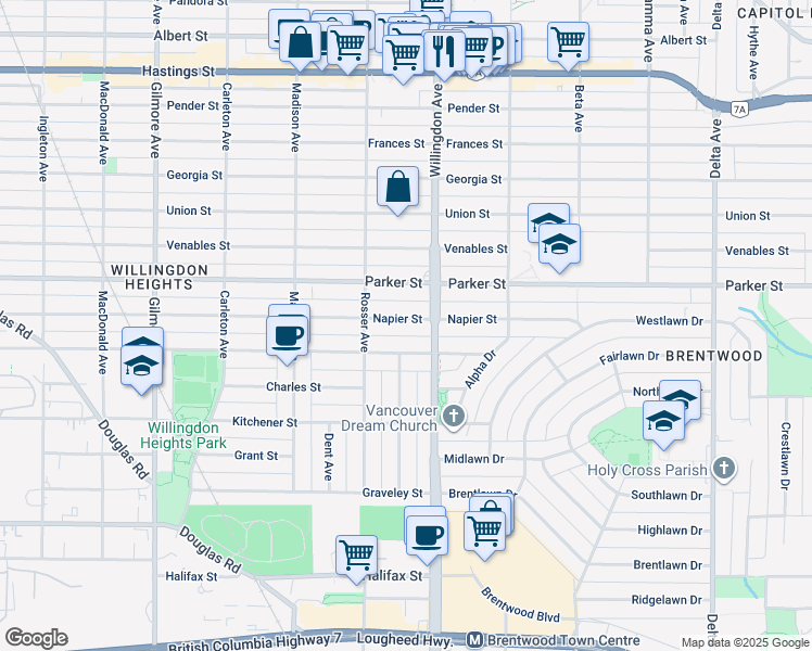 map of restaurants, bars, coffee shops, grocery stores, and more near 4462 Napier Street in Burnaby