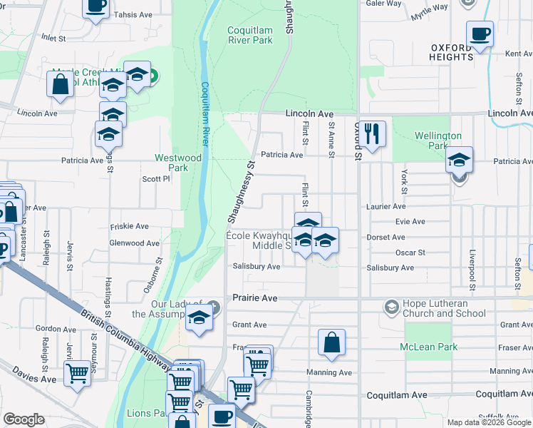 map of restaurants, bars, coffee shops, grocery stores, and more near 2176 Laurier Avenue in Port Coquitlam