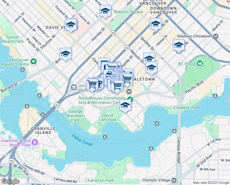 map of restaurants, bars, coffee shops, grocery stores, and more near in Vancouver