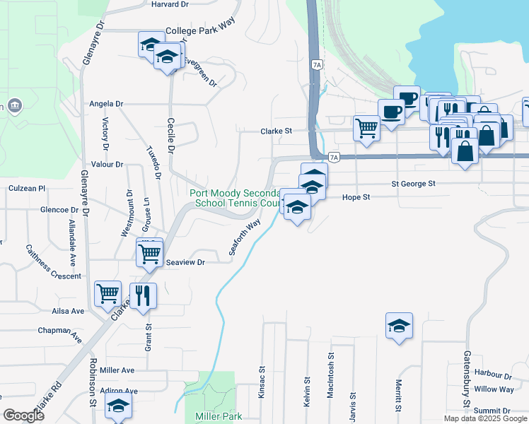 map of restaurants, bars, coffee shops, grocery stores, and more near in Port Moody