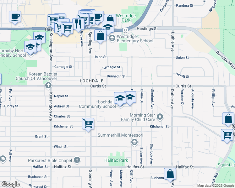 map of restaurants, bars, coffee shops, grocery stores, and more near 6920 Curtis Street in Burnaby