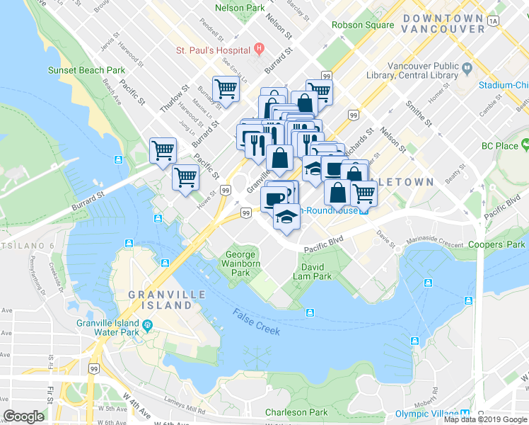 map of restaurants, bars, coffee shops, grocery stores, and more near 1348 Granville Street in Vancouver