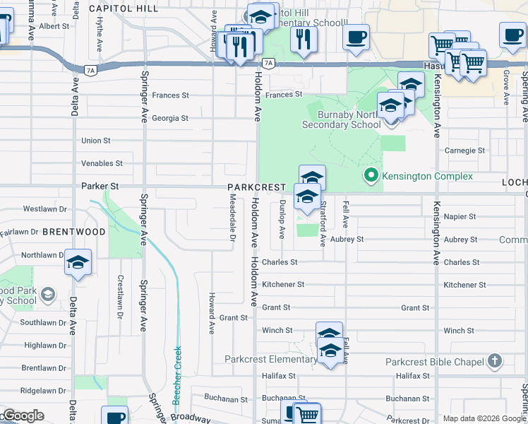 map of restaurants, bars, coffee shops, grocery stores, and more near 1068 Holdom Avenue in Burnaby