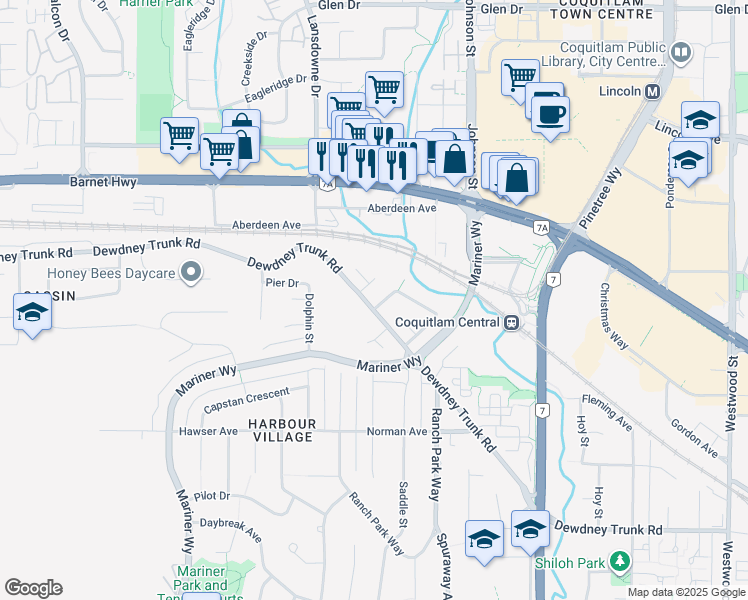 map of restaurants, bars, coffee shops, grocery stores, and more near 1165 Hansard Crescent in Coquitlam