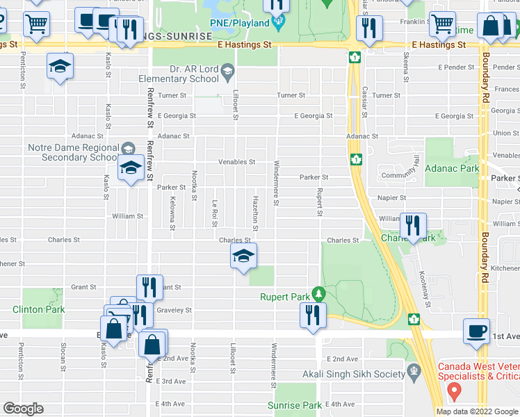 map of restaurants, bars, coffee shops, grocery stores, and more near 1140 Hazelton Street in Vancouver