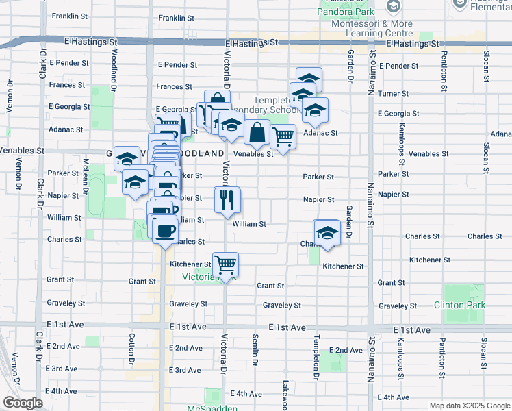 map of restaurants, bars, coffee shops, grocery stores, and more near 1081 Semlin Drive in Vancouver