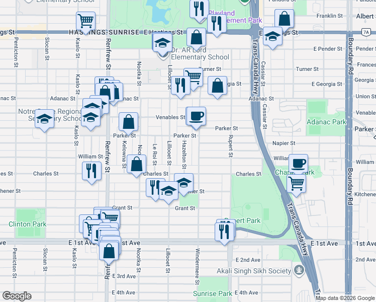 map of restaurants, bars, coffee shops, grocery stores, and more near 1140 Hazelton Street in Vancouver
