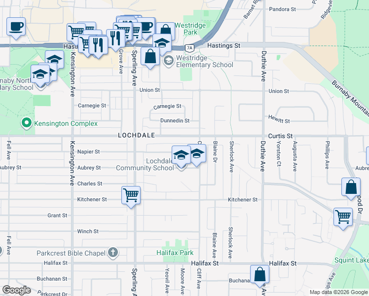 map of restaurants, bars, coffee shops, grocery stores, and more near 6941 Napier Street in Burnaby