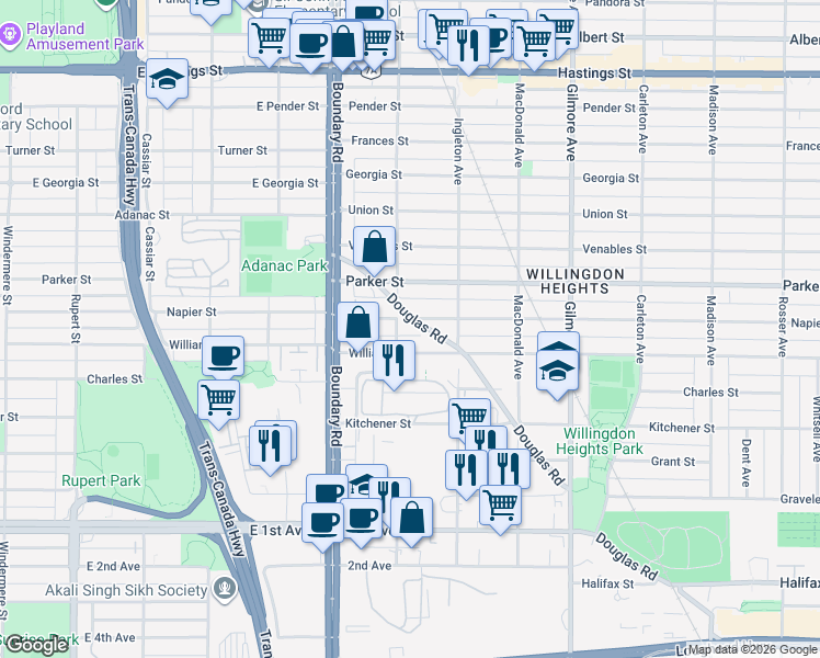 map of restaurants, bars, coffee shops, grocery stores, and more near 3820 Napier Street in Burnaby