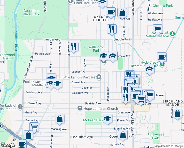 map of restaurants, bars, coffee shops, grocery stores, and more near 1752 Laurier Avenue in Port Coquitlam