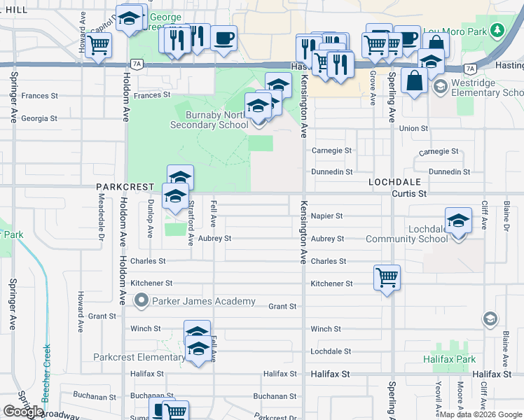 map of restaurants, bars, coffee shops, grocery stores, and more near 6290 Curtis Street in Burnaby