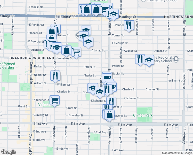 map of restaurants, bars, coffee shops, grocery stores, and more near 2258 Napier Street in Vancouver