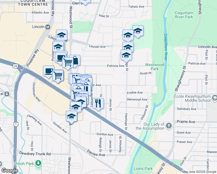 map of restaurants, bars, coffee shops, grocery stores, and more near 2574 Kitchener Avenue in Port Coquitlam
