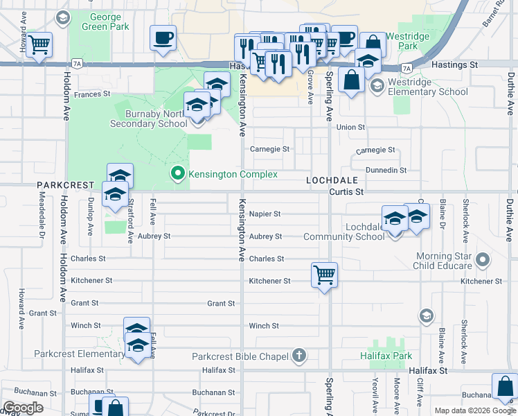 map of restaurants, bars, coffee shops, grocery stores, and more near 6539 Napier Street in Burnaby