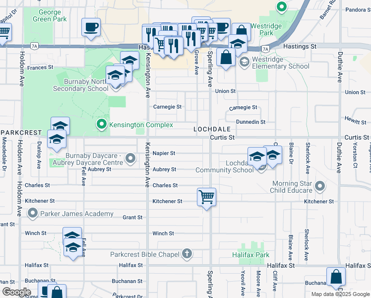map of restaurants, bars, coffee shops, grocery stores, and more near 6625 Napier Street in Burnaby