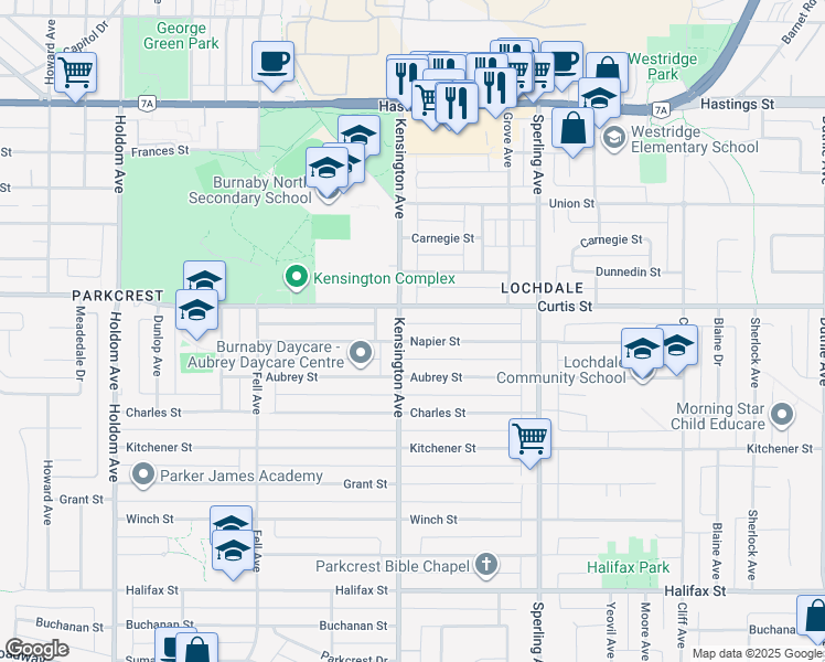 map of restaurants, bars, coffee shops, grocery stores, and more near 6519 Napier Street in Burnaby