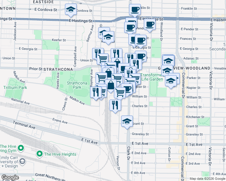 map of restaurants, bars, coffee shops, grocery stores, and more near in Vancouver