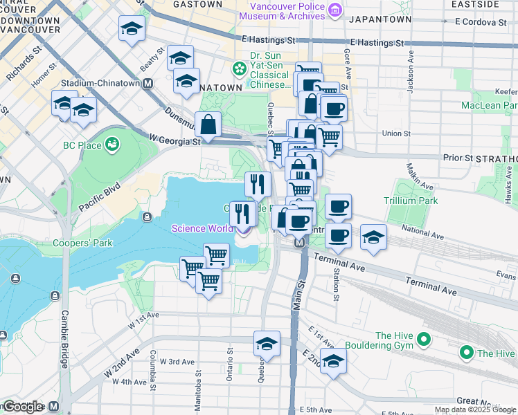 map of restaurants, bars, coffee shops, grocery stores, and more near  in Vancouver