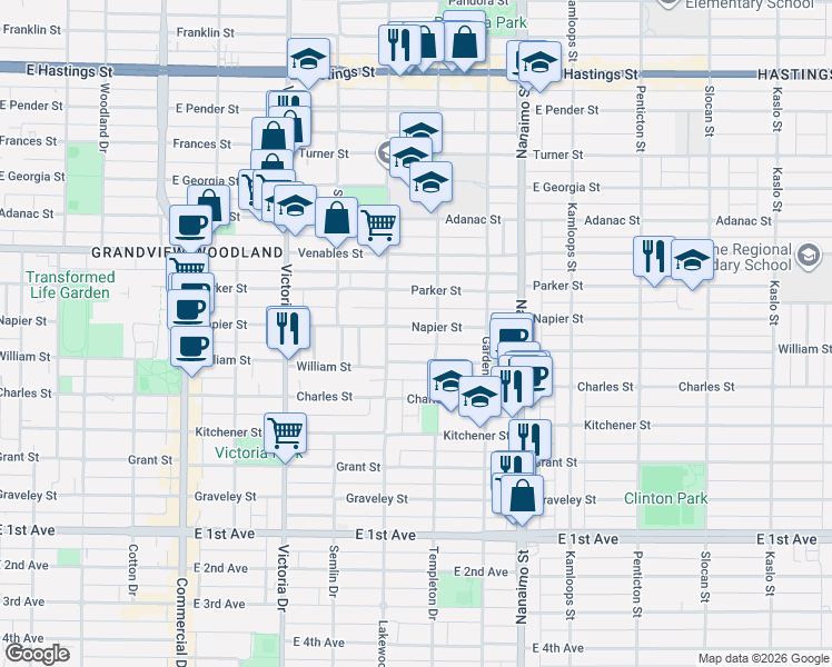 map of restaurants, bars, coffee shops, grocery stores, and more near 2146 Napier Street in Vancouver