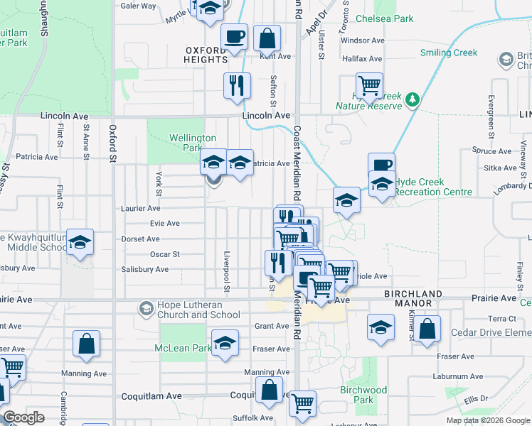 map of restaurants, bars, coffee shops, grocery stores, and more near 3480 Vincent Street in Port Coquitlam