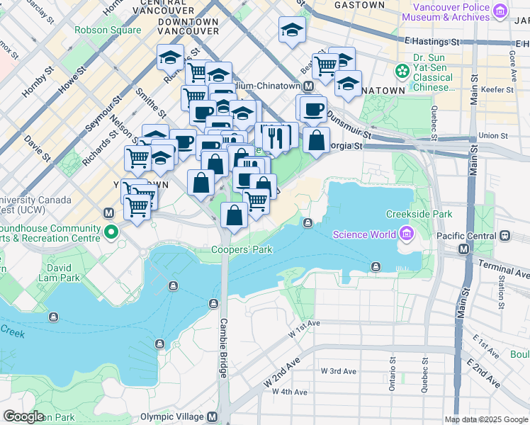 map of restaurants, bars, coffee shops, grocery stores, and more near 39 Smithe Street in Vancouver