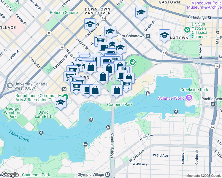 map of restaurants, bars, coffee shops, grocery stores, and more near 90 Nelson Street in Vancouver
