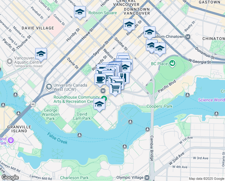 map of restaurants, bars, coffee shops, grocery stores, and more near in Vancouver