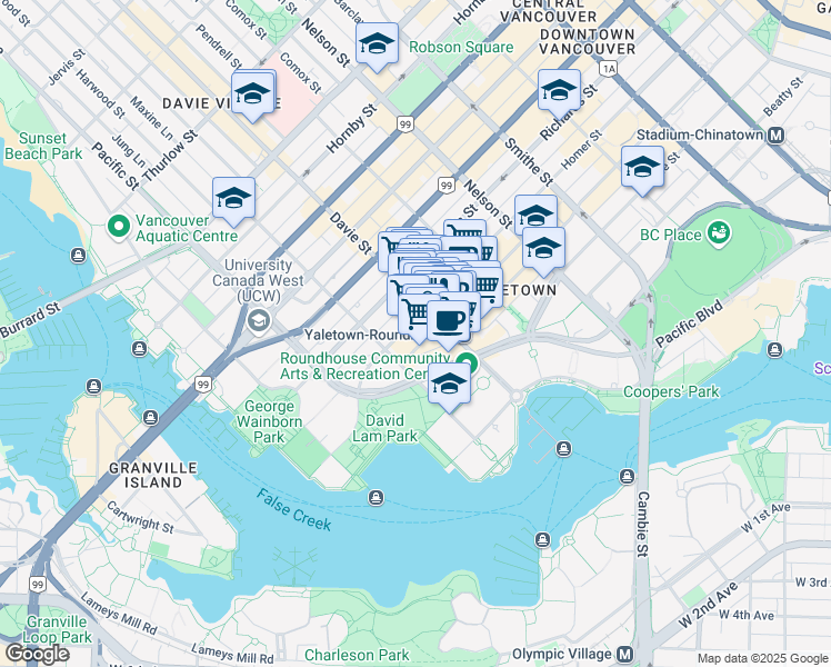 map of restaurants, bars, coffee shops, grocery stores, and more near 1226 Homer Street in Vancouver