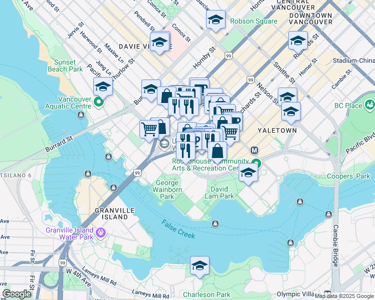 map of restaurants, bars, coffee shops, grocery stores, and more near 1348 Granville Street in Vancouver